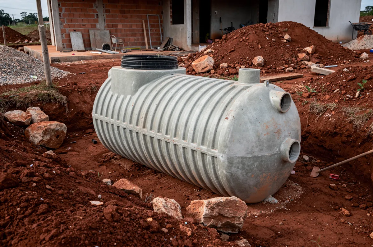 Tanque de fossa séptica de fibra (PRFV) no terreno antes da instalação