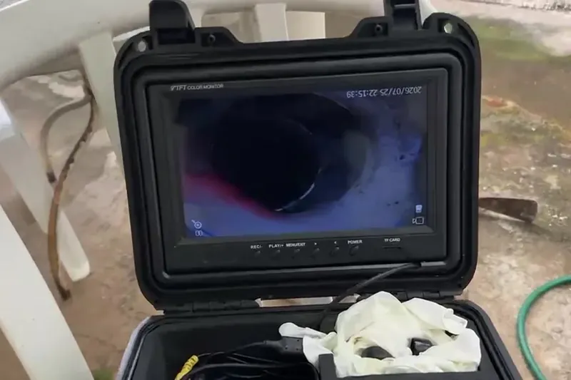 Maleta da câmera de inspeção com o monitor mostrando o interior do tubo