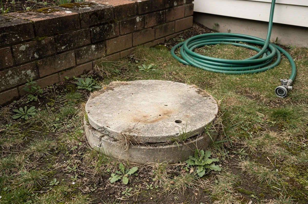 Tampa de fossa séptica de concreto no quintal de uma casa, ao lado do muro