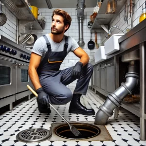 DALL·E 2024 07 22 10.29.02 A professional plumber cleaning a grease trap in a commercial kitchen in Cidade Tiradentes Sao Paulo. The kitchen has stainless steel appliances and