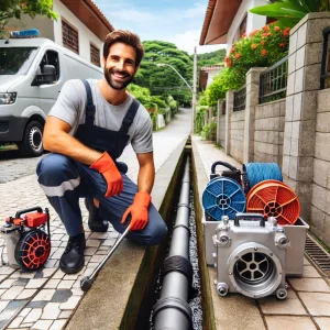 DALL·E 2024 07 22 10.33.51 A professional plumber cleaning a residential sewer line with advanced equipment in Cidade Tiradentes Sao Paulo. The setting includes a clean and org