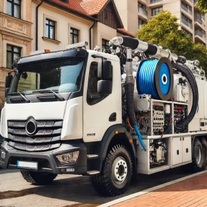 DALL·E 2024 07 22 10.40.32 A hydro jetting truck equipped with advanced cleaning technology parked in a residential area. The truck is white with hoses and equipment visible an