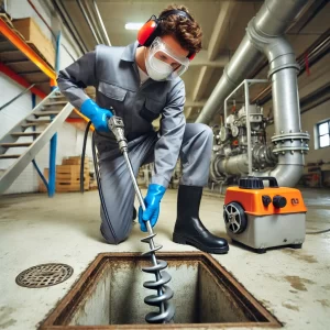 DALL·E 2024 07 31 17.43.39 A plumber using a plumbing auger to clear a clogged drain in an industrial setting. The plumber is wearing protective gear and working diligently. The