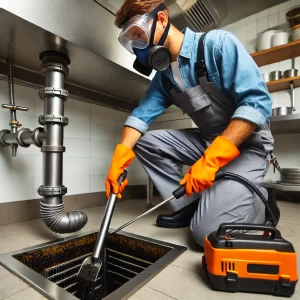 DALL·E 2024 07 31 17.43.53 A professional plumber cleaning a grease trap in a commercial kitchen. The plumber is wearing appropriate safety gear and using specialized tools to r