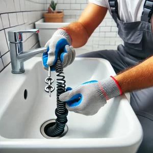 DALL·E 2024 07 31 17.44.02 A close up of a plumbers hands using a drain snake to unclog a bathroom sink. The plumber is wearing gloves and the bathroom sink area is clean and