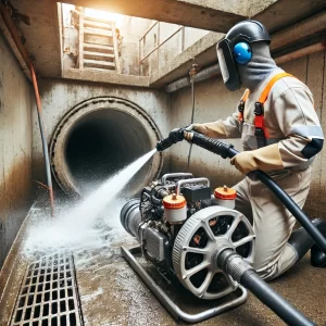 DALL·E 2024 07 31 17.43.33 A plumber using a high pressure water jetting machine to clean a sewer pipe. The plumber is wearing safety gear and the setting is outdoors with an op